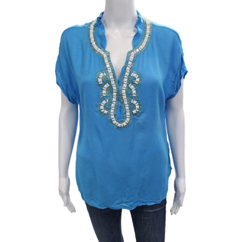 Lilly Pulitzer Women Tunic Blouse Short Sleeve Blue Viscose Boho Size S